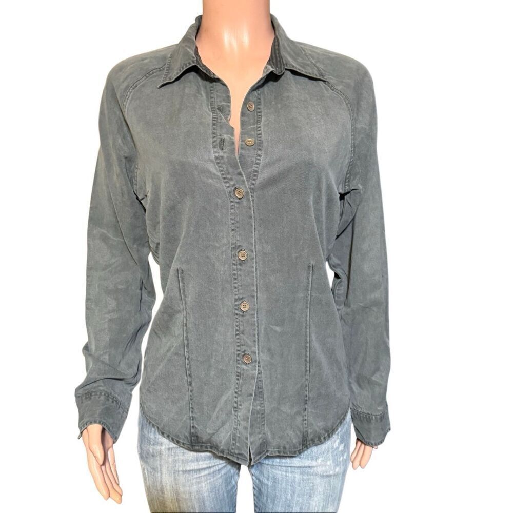 Women’s raglan long sleeve tencel button-down gray shirt top M